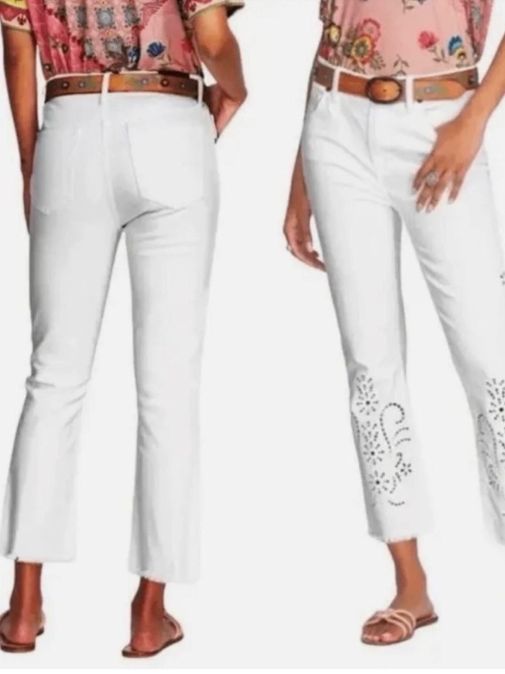 Johnny Was White Cropped Eyelet-Trim Pants